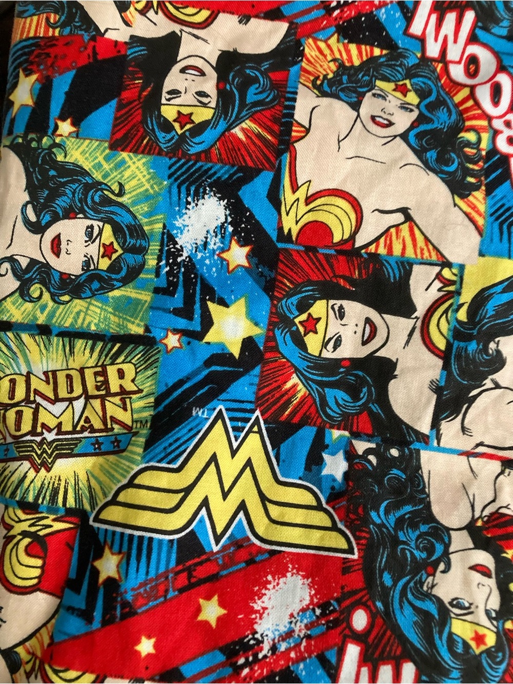 DC Comics Wonder Woman Pop Art Fabric in Red, Blue, Yellow, Black, White